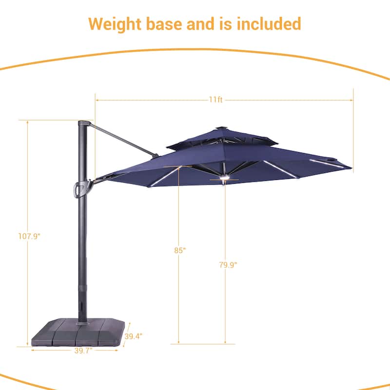 LIVOOSUN 11Ft LED Patio Hanging Double Top Octagon Cantilever Umbrella with 360-degree Rotating Canopy, Red