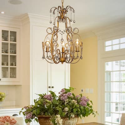 3-Lights Mid-Century Antique Gold Traditional Candle Style Chandelier with Glass Droplets-OB