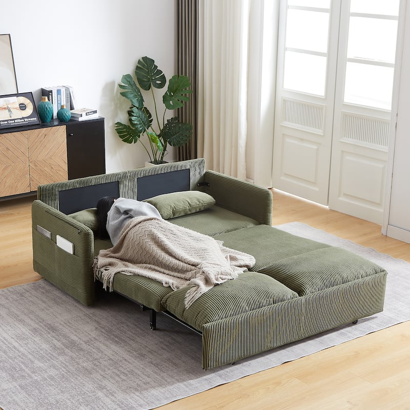 64.5" Loveseat Sofa with Pullout Bed,Corduroy Convertible Sleeper Sofa