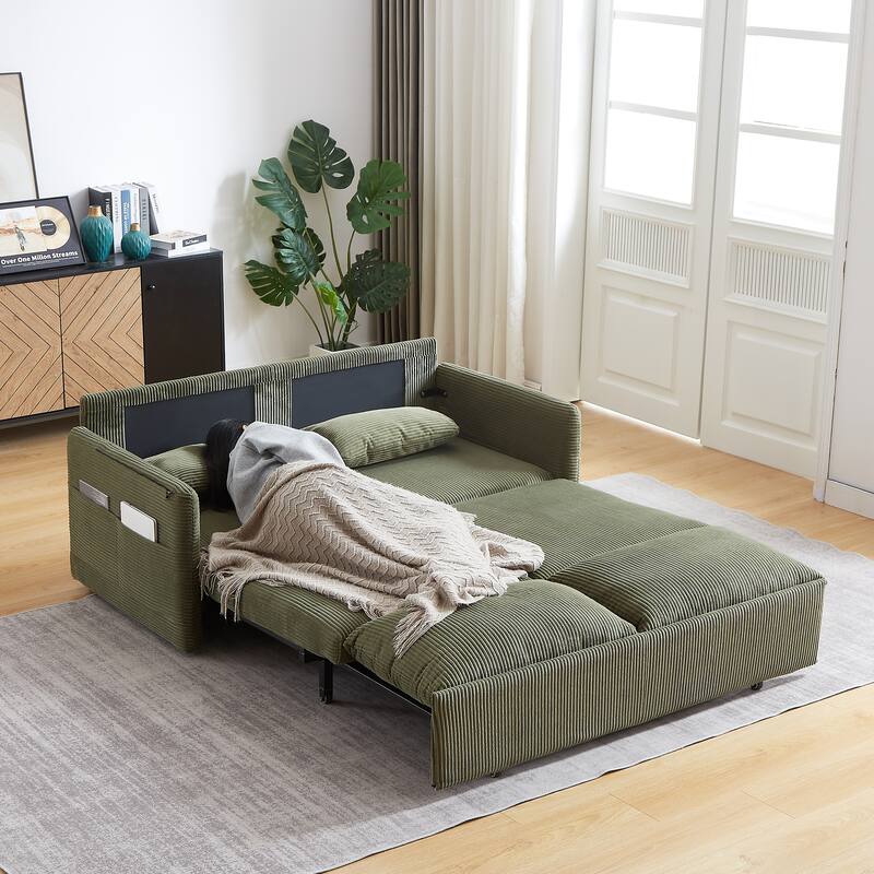 65" Corduroy 2-Seater Sleeper Sofa, 3-in-1 with Storage and Side Pocket