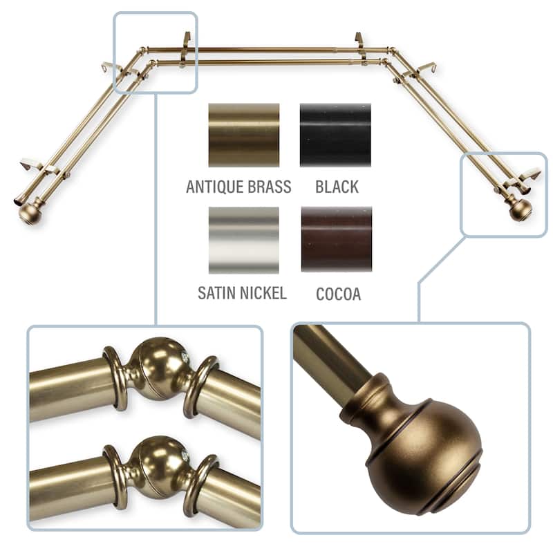 InStyleDesign Vesper 13/16" Double Bay curtain rod 20"-36", 38"-72" - Antique Brass