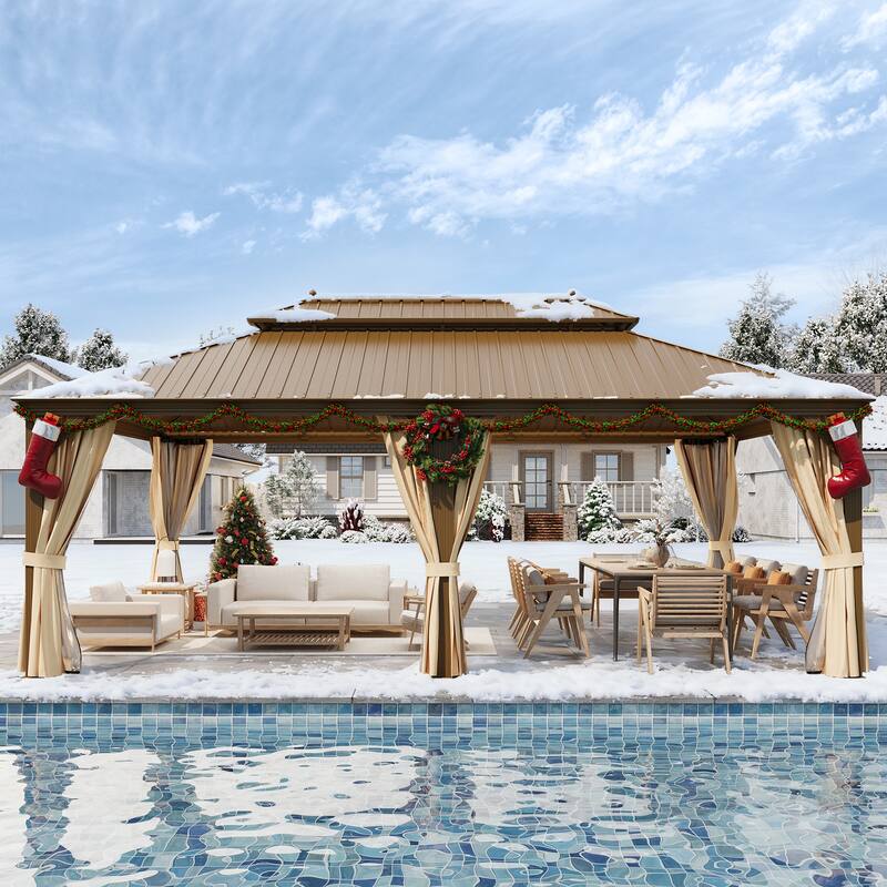 Erommy Pro Series Outdoor Galvanized Steel Roof Gazebo Pergola w/ Aluminum Frame & Vertical Rain Cutter - 14'x22' - Pro Series