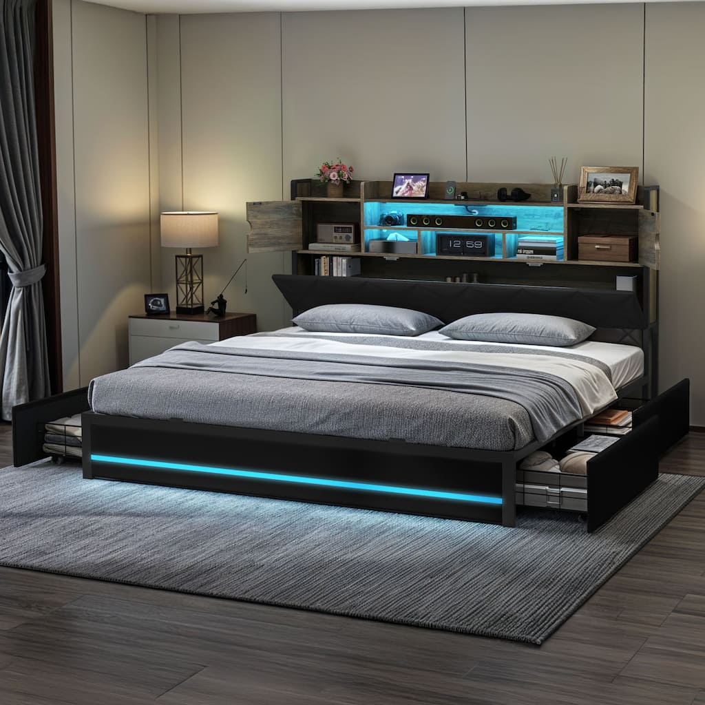 Moasis Queen / King Size Upholstered Bed Frame with Storage Bookcase Headboard & RGB LED Lights