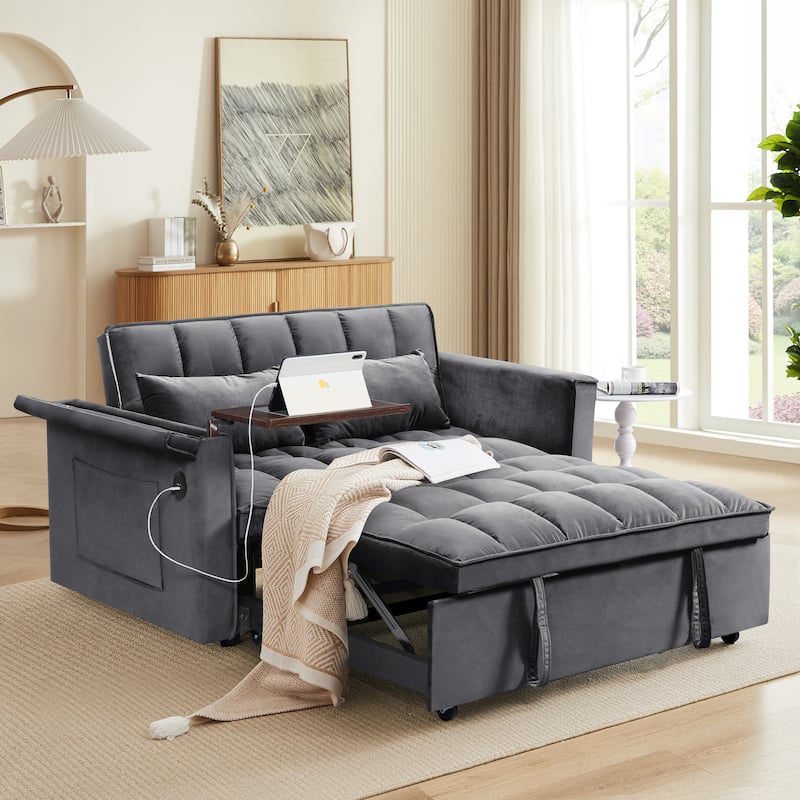 Convertible Sofa Bed, Velvet Sleeper Couch Pull-Out Bed, 55.5'' Loveseat Sleeper Sofa Bed with USB Port and Hidden Side Table - Dark Gray