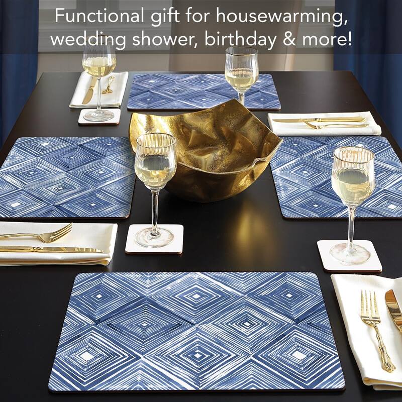 Indigo Diamond Decorative Hardboard Placemats with Protective Cork Backing 4 Pack Heat Tolerant and Easily Wipes Clean