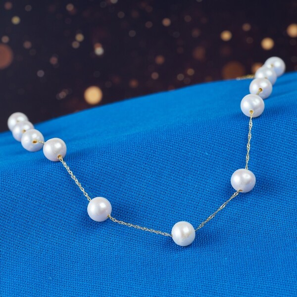 7-8 MM Cultured FW Pearl Tin-Cup Necklace in 10k Yellow Gold by Miadora - 8.7 mm x 17 inch x 7.6 mm