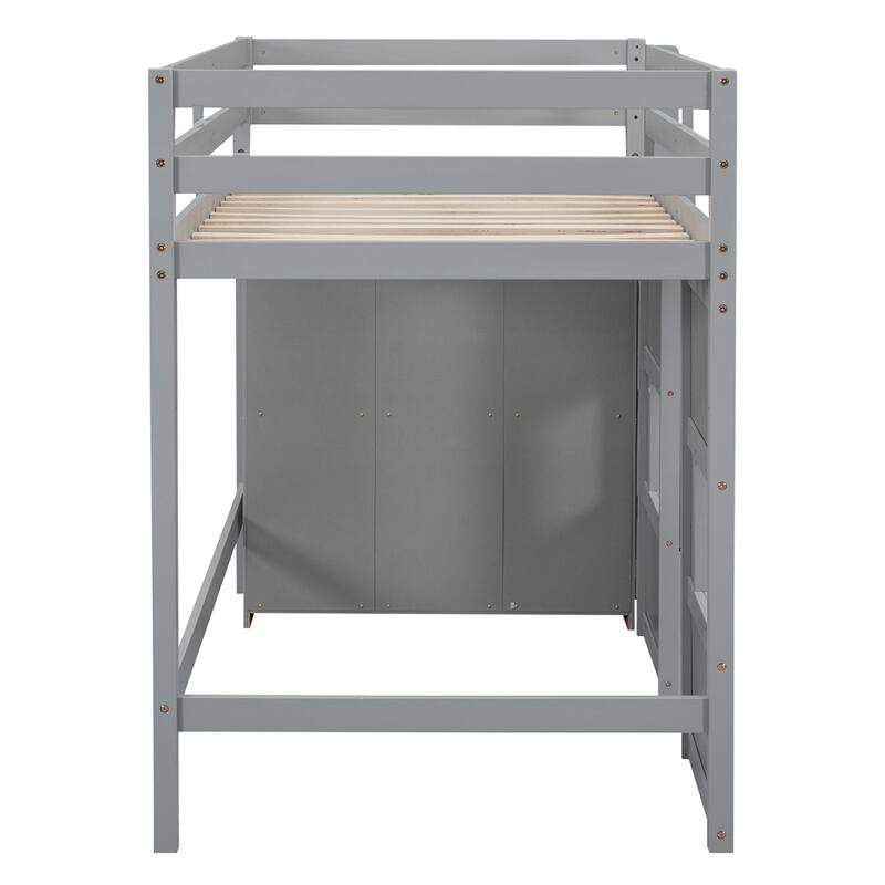 Twin Size Wood Loft Bed with Built-in Storage Wardrobe and Guardrails