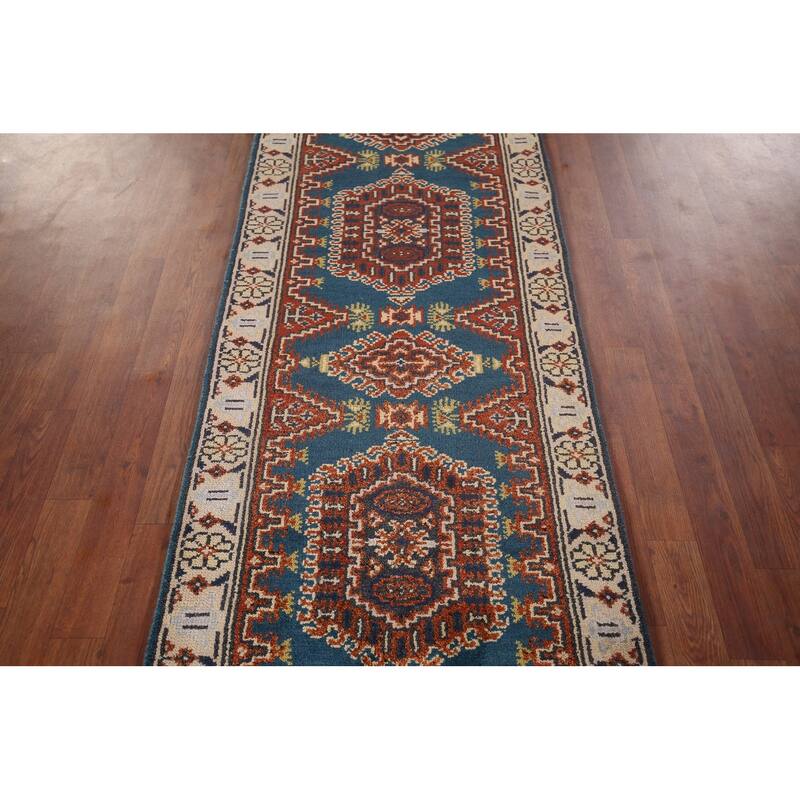 Blue Geometric Viss Oriental Runner Rug Handmade Wool Carpet - 2'6"x 7'10"