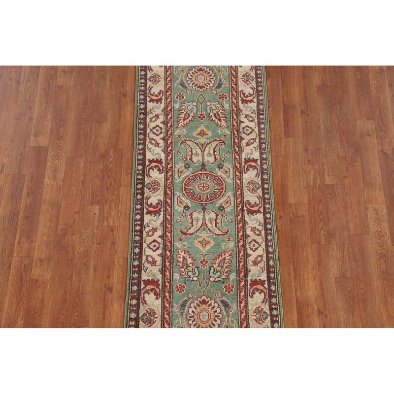 Light Green Kazak Runner Rug Handmade Oriental Wool Carpet - 2'1" x 5'11"