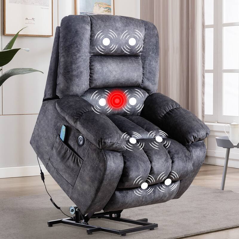 Big Power Lift Massage Recliner Chair for Elderly with Heated Vibration and USB Ports - Grey