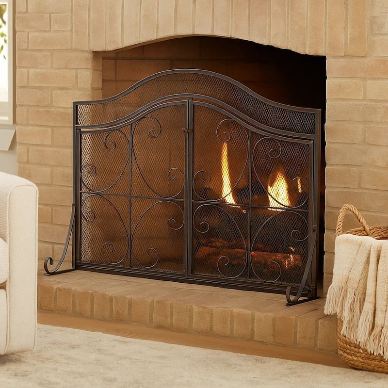 Fireplace Screen, 3 Panels 2 Doors, Black Copper Diamond Mesh Scrolled