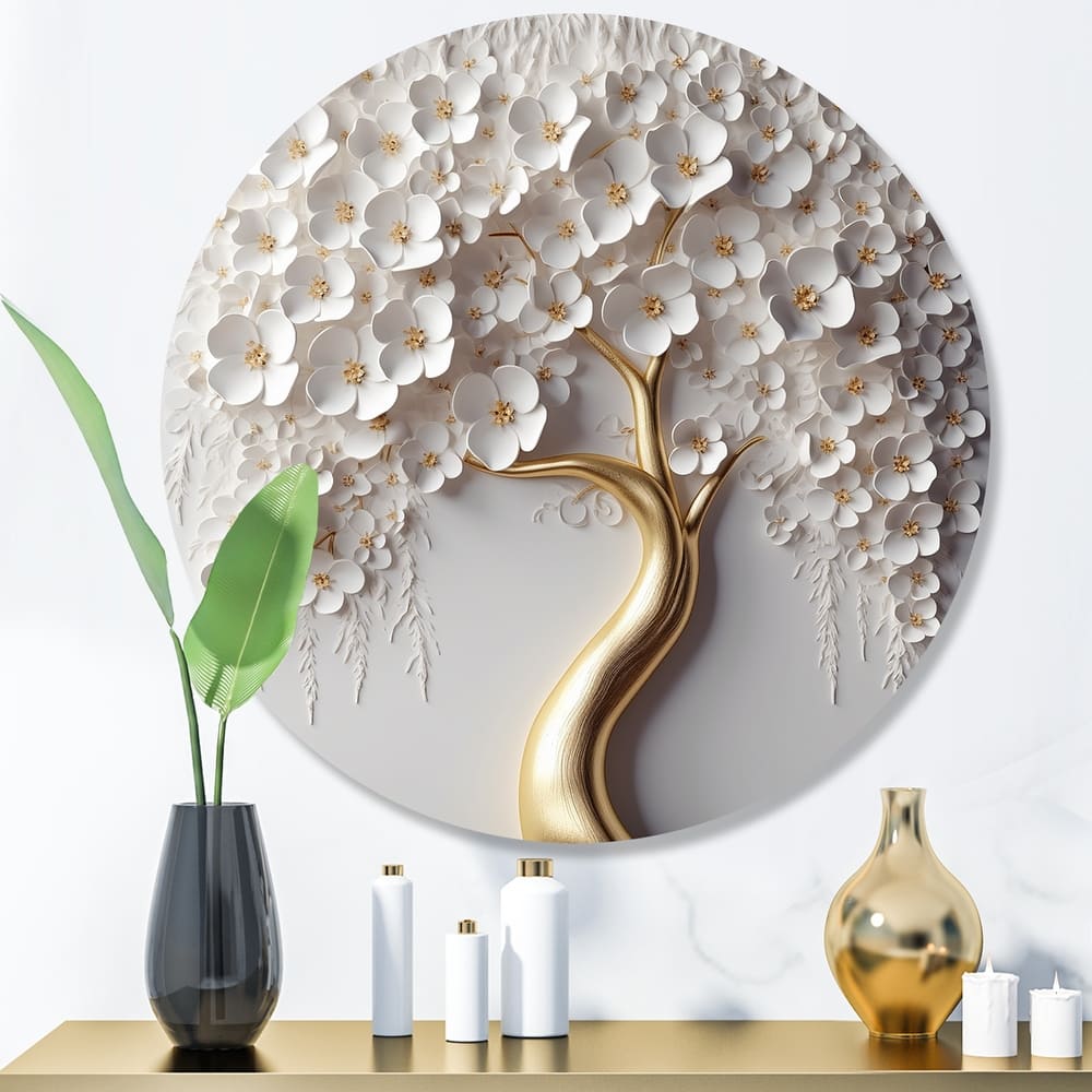 Designart "White Orchid Tree Garden Of Branches VIII" Tree Floral Metal Round Wall Art Print On Metal