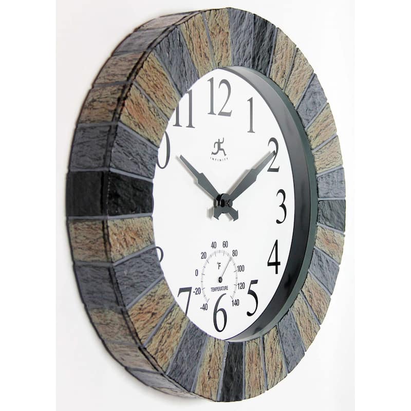 Faux 13 inch Indoor/Outdoor Wall Clock with Thermometer - 13 x 2 x 13