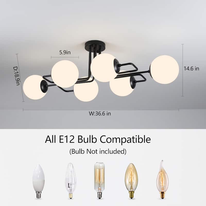 Mid - Century Modern 4 - Light Chandelier, Brass Frame with Glass Globes