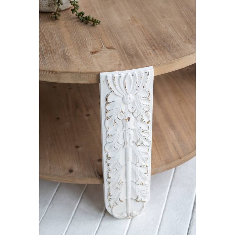 Round Wooden Coffee Table with Natural Brown Finish, Carved White Legs, and Lower Storage Shelf