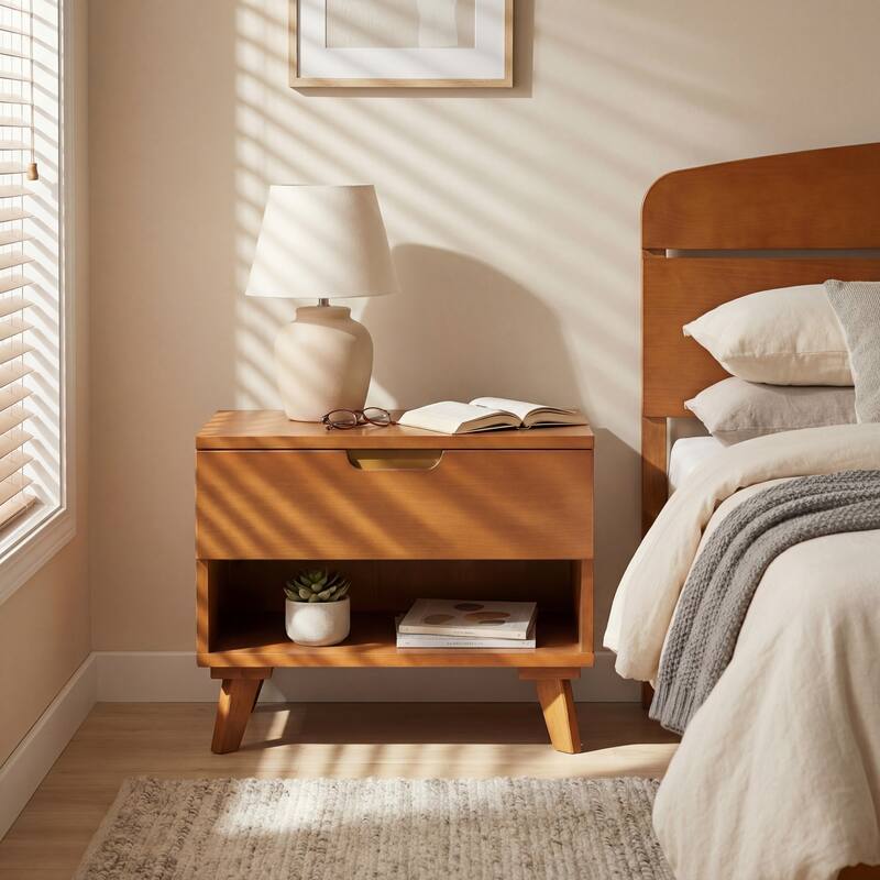 Christopher Knight Home - 23.9"W Mid-Century Nightstand with Solid Rubber Wood Legs - Light Brown