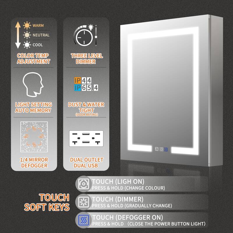 ExBrite 24" x 30" LED Lighted Bathroom Medicine Cabinet with Mirror,Recessed or Surface Mount,Defog
