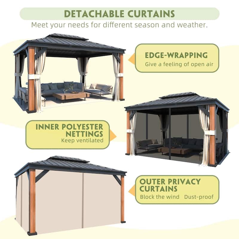 Premium Outdoor Gazebo Pergola with Galvanized Steel Roof, Wooden Coated Aluminum Frame, Privacy Curtains, and Nettings Included