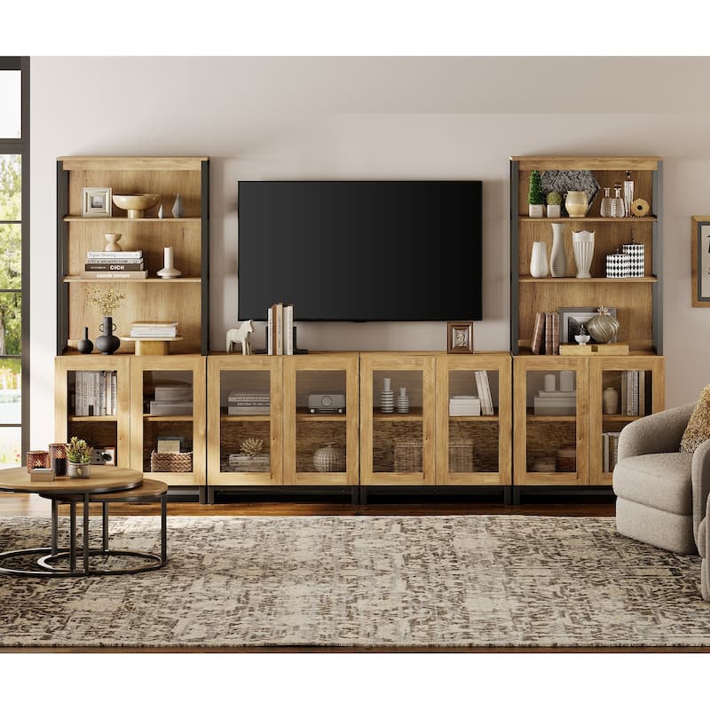 Modern TV Stand with 3 Tiers Bookshelf,Wooden Media TV Console with Glass Doors for Living Room