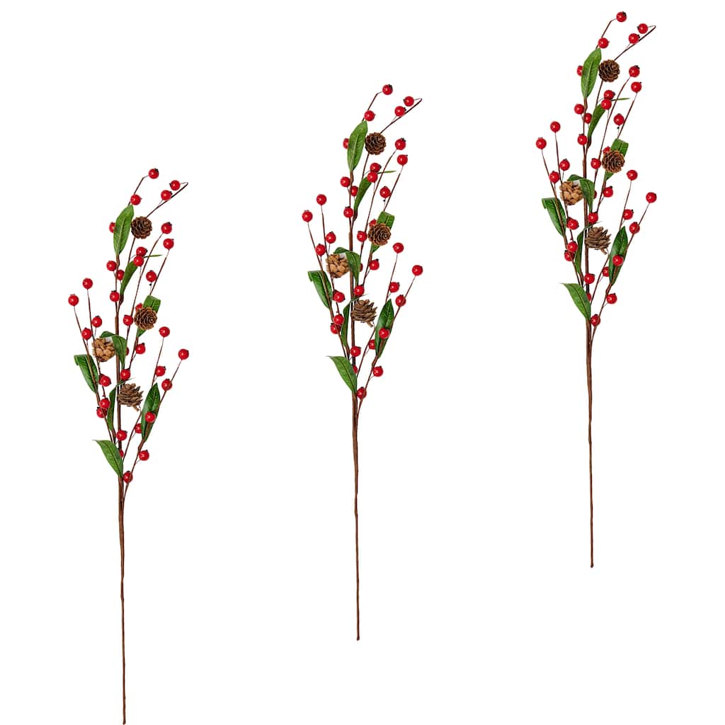 25" Red Berries Pine Cone Leaves Spray, Set of 3