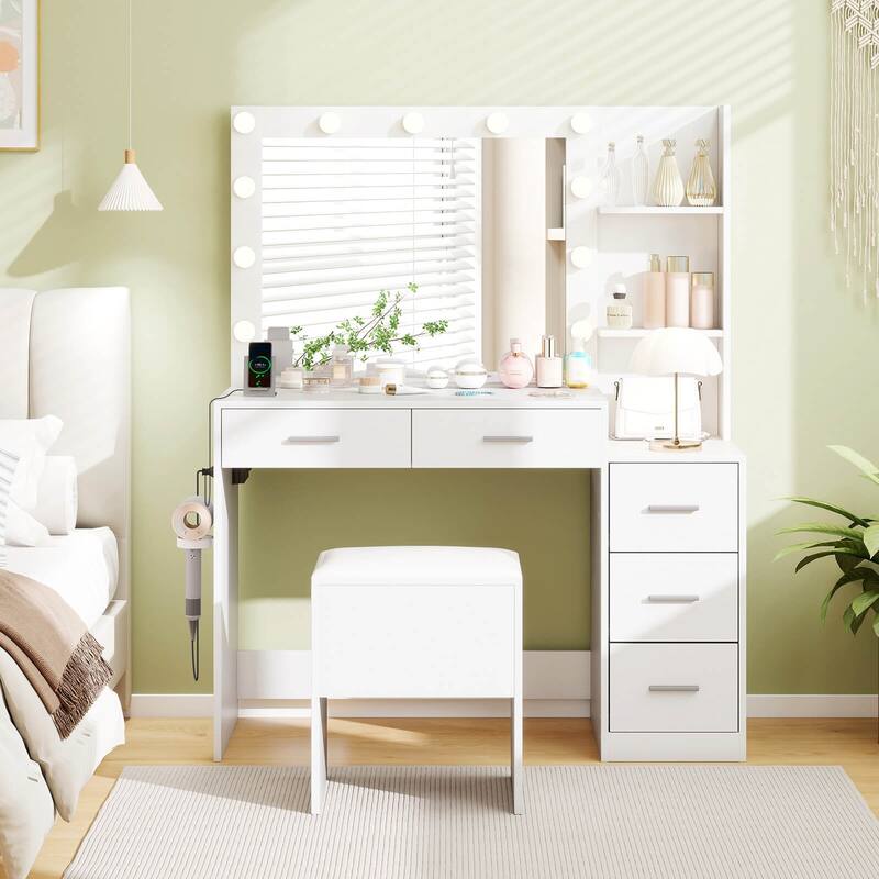 Costway 43.5" Makeup Table Set Vanity Desk with Storage Stool Power - See Details