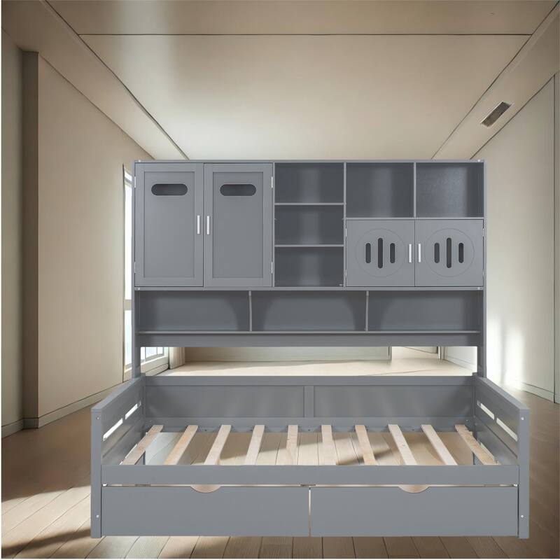Contemporary Twin/Full Size Wooden Daybed with 2 Storage Drawers, Cabinet, and Shelf - Solid Wood Slats - Grey - Full