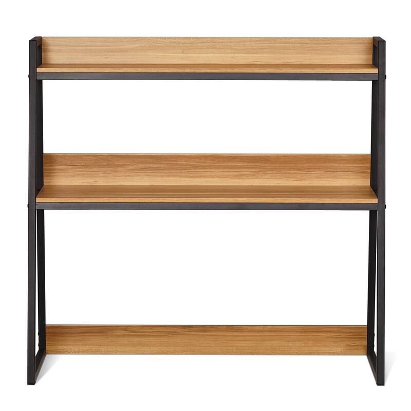 Particle Board Desktop Bookshelf Hutch, 2 Shelves, Anti-Slip Feet Pads - 37.4" L x 12.6" W x 35.4" H - Wood Color