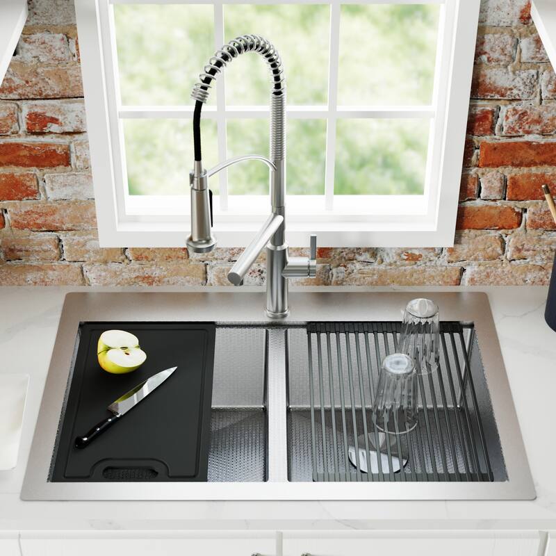 Matrix 33" Top Mount Workstation 16 Gauge Double Bowl Stainless Steel Kitchen Sink with Accessories