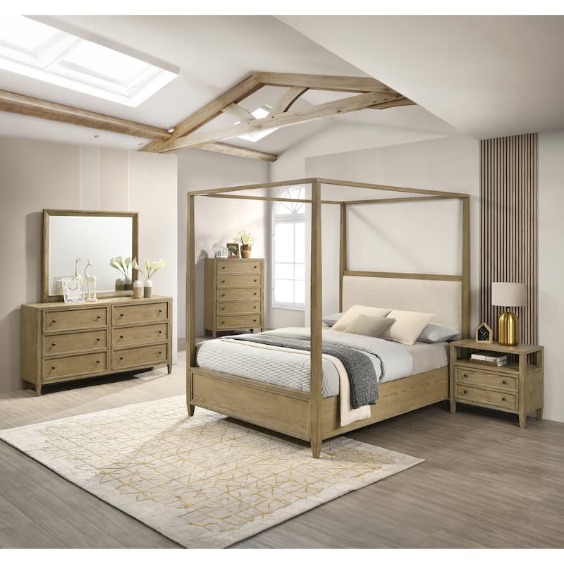 Queen Size Wood Canopy Bed with Upholstered Headboard and Rustic Modern Design