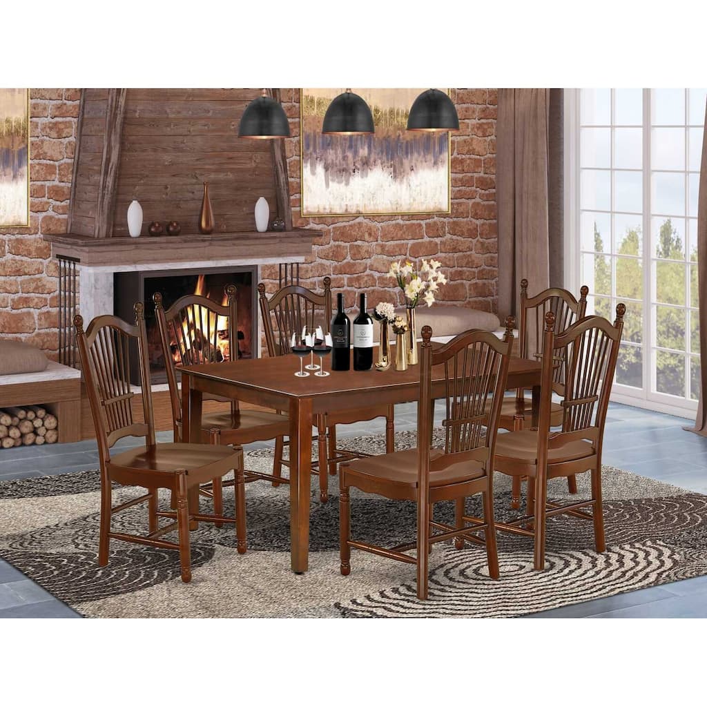 HomeStock 7-Pc Rectangle Mahogany Finish Solid Wood Top Dining Table with 6-Chairs