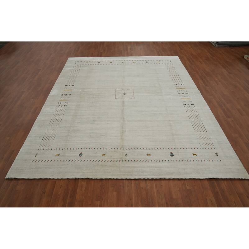 Hand Knotted Oriental 100% Wool Carpet Tribal Animal Pictorial Beige & Ivories Gabbeh Area Rug - 12' 0'' X 9' 0''