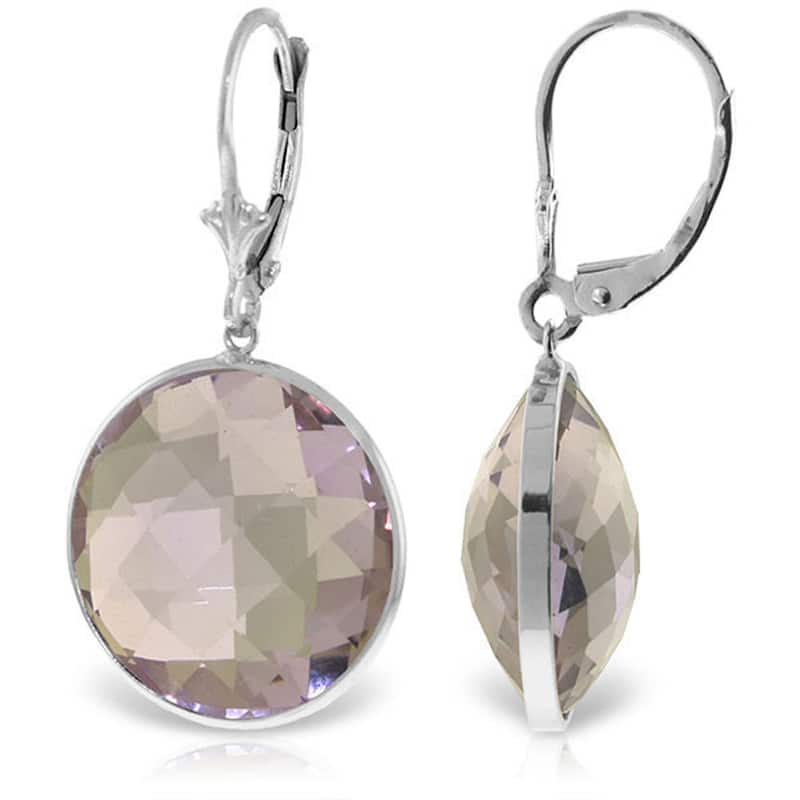 14K Solid Gold Leverback Gemstone Earrings Round Amethyst Certified - White