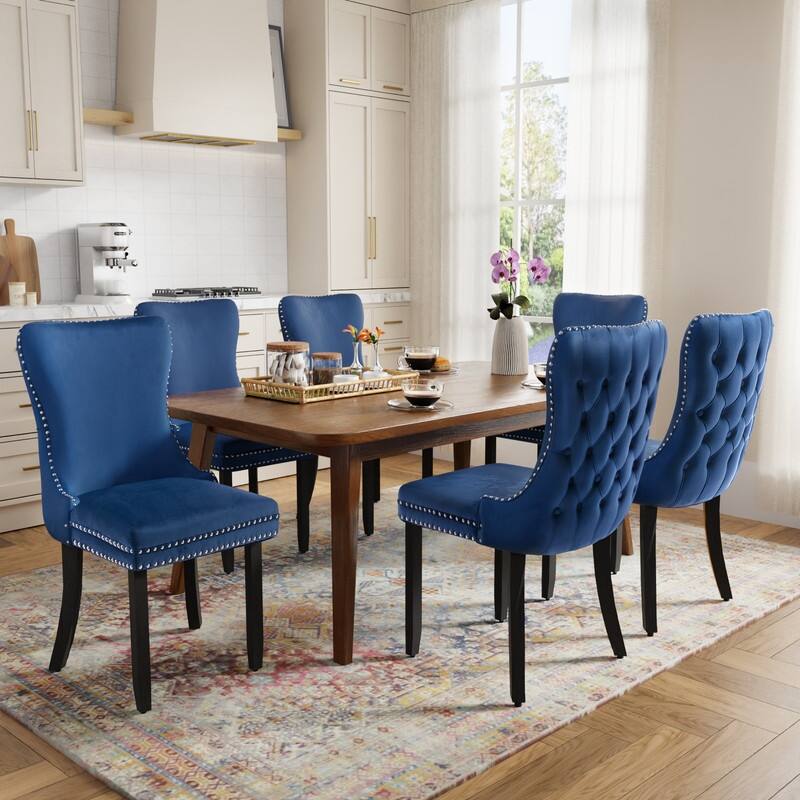 18.9" Upholstered Wing Back Dining Chair (Set of 6) - Navy Blue Velvet