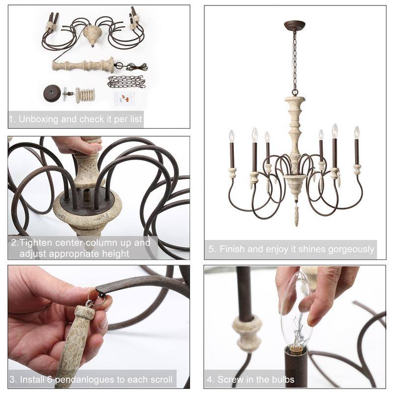 Modern Farmhouse 6-Light Wood Chandelier Classic French Country Lights - D31" x H32.5"