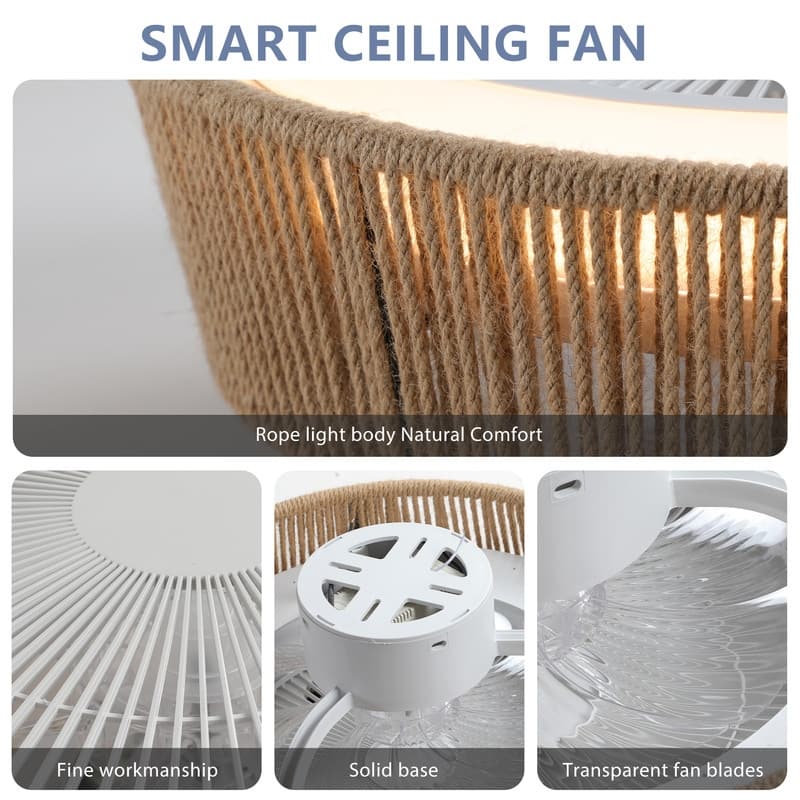 21" Bohemian Braided Ceiling Fan with Light - Silent DC Motor, 6-Speed Remote Control, Timer & Adjustable Color Temperature .