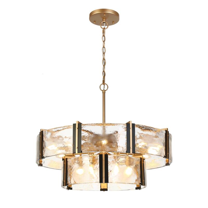Modern 15-Light Black Gold Drum Chandelier 2-Tier Textured Glass Light - D 31.5" x H 12"