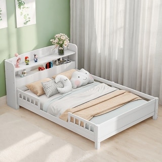 Full Size Platform Bed with Built-in LED Light, Storage Headboard & Guardrail, White