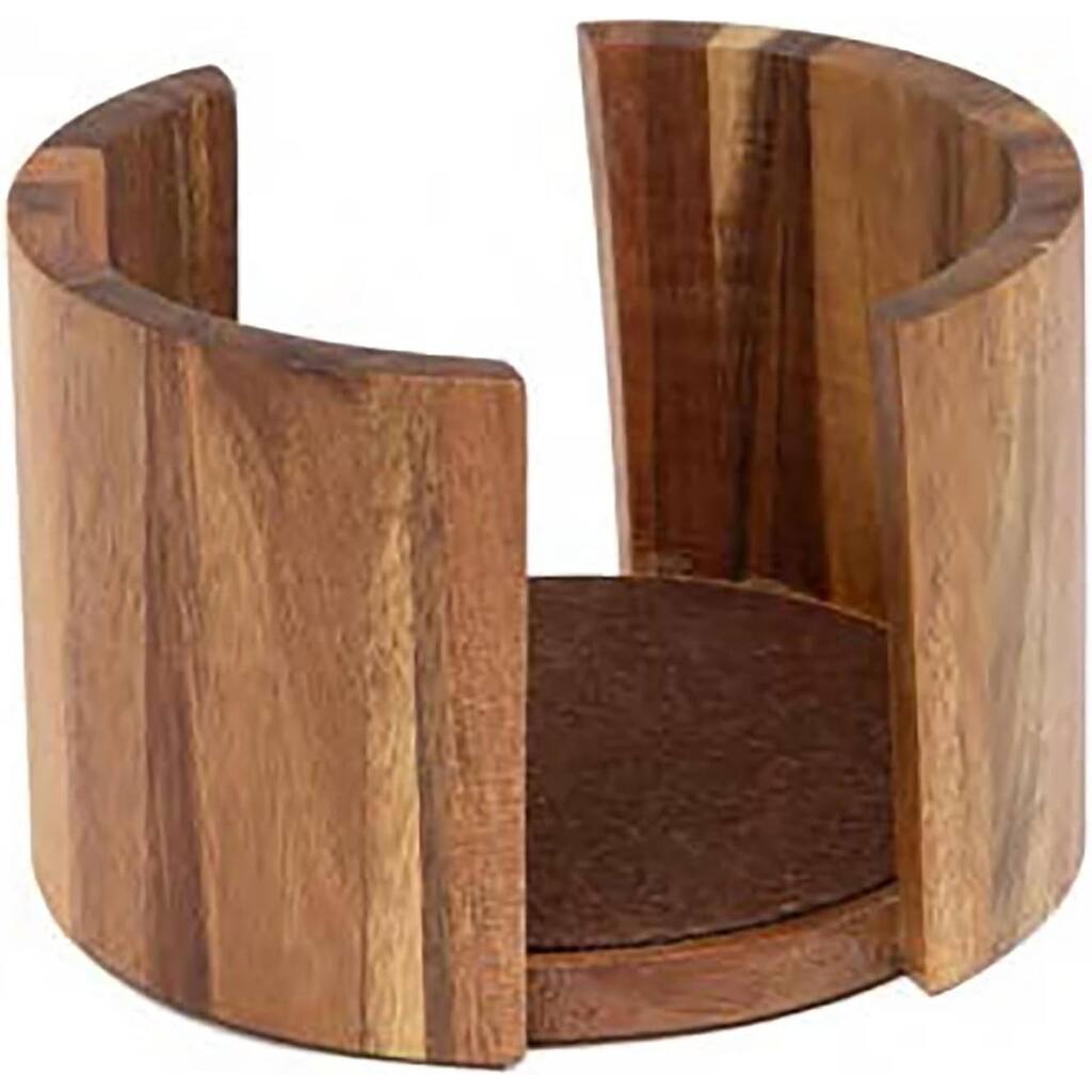 Natural Acacia Wood Round Coaster Holder 4.75" Diameter Holds Round 4" Coasters