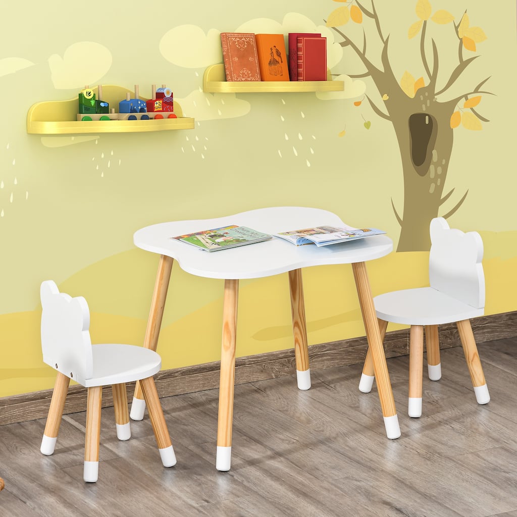 Qaba 3 Pieces Table and Chair Sets Children Dining Table Cute Bear Shape with Rounded Corners for 1-4 years, White