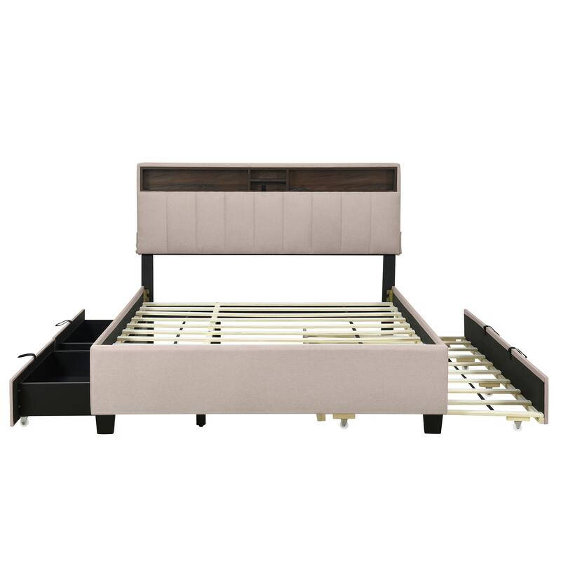 Full/Queen Size Upholstered Platform Bed with Trundle and 2 Drawers, Bed Frame w/Storage Headboard, a set of Sockets & USB Ports