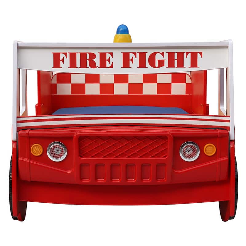 Kids Fire Truck Floor Bed with LED Light, Twin Size, Easy Assembly, Solid Construction