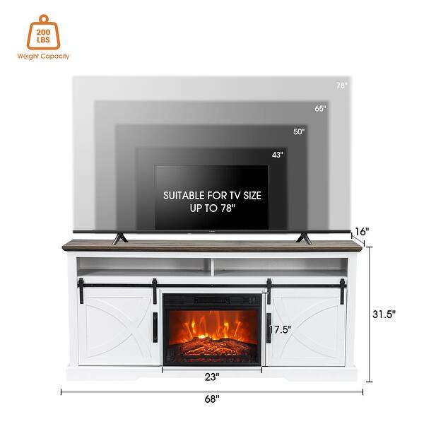 dimension image slide 1 of 2, 68" Farmhouse Sliding Barn Door Fireplace TV Stands Console Table with 23" Electric Fireplace