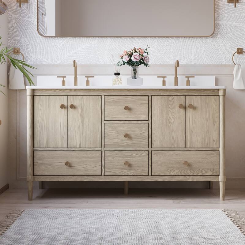 34''H Solid Wood Bathroom Vanity With Carrera White Quartz Top and Sink - 60"W X34''H