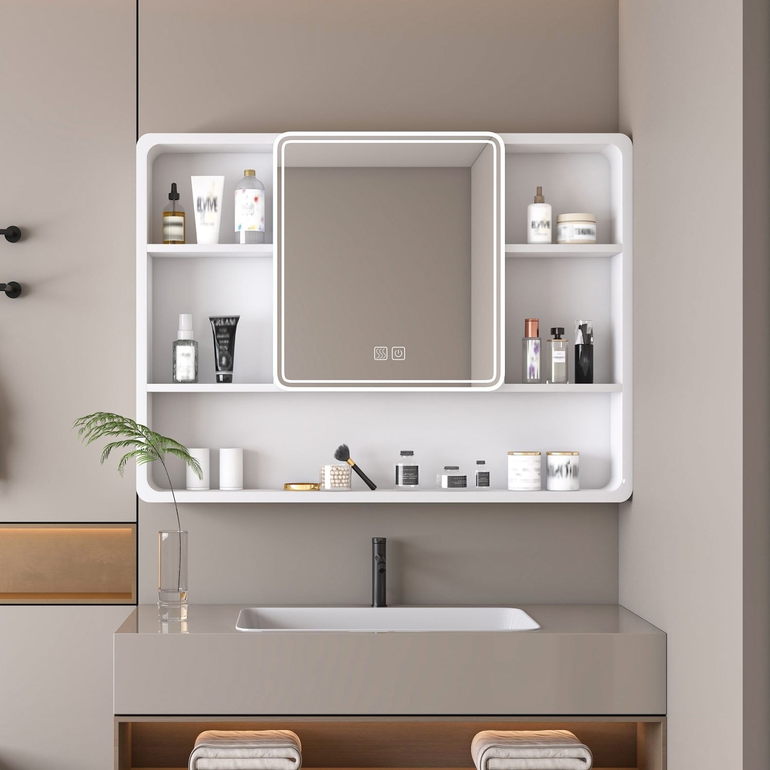 Medicine Cabinet Mirror, 35 x 28 Inches Cabinet with 3 Colors LED Light and Defogging Function with Cosmetic Storage Rack
