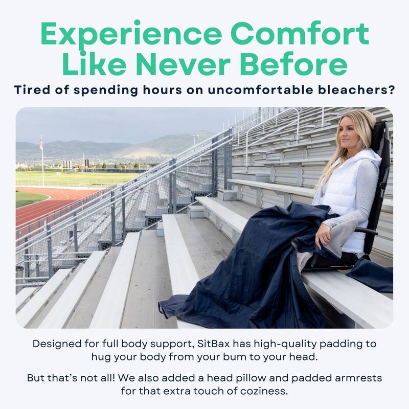 Padded Bleacher Seat – Reclining Stadium Chair with Full Back, Neck Support and 360 Swivel - Patent Pending