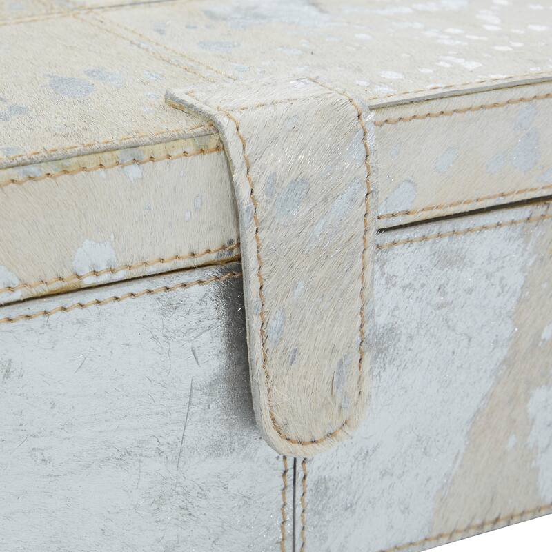 Gray, Silver or Gold Leather Handmade Cowhide Storage Box with Silver Foil Accents (Set of 2)