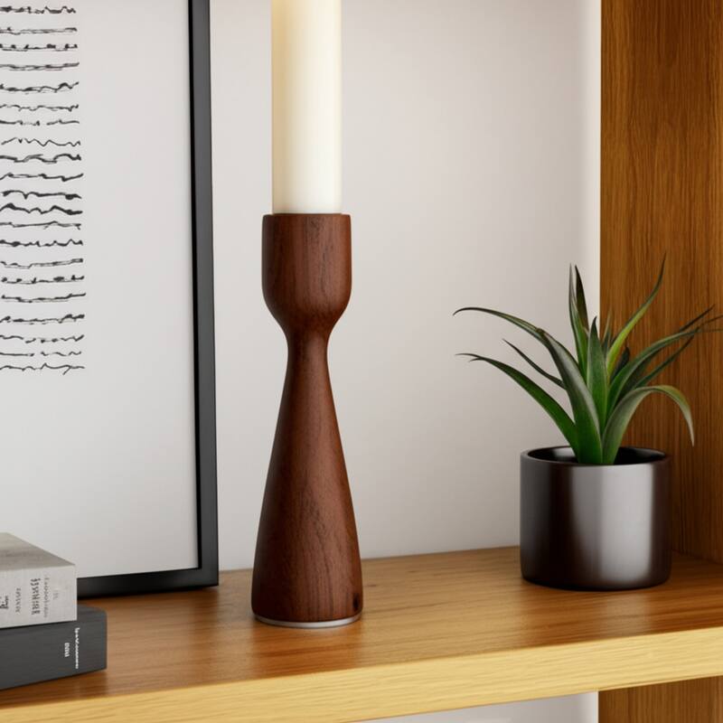 Mango Wood Taper Candle Holder Minimalist Silhouette Modern Design - Brown - 2.75" x 2.75" x 9"