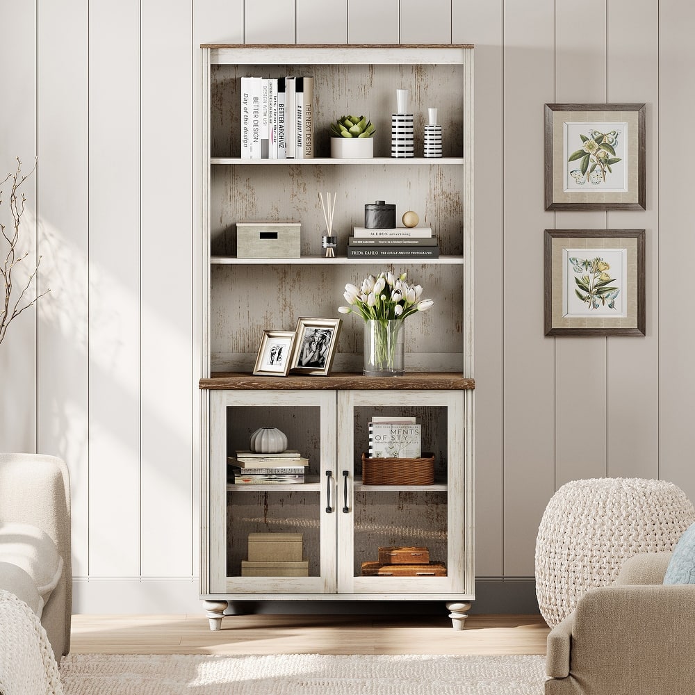 Rustic White Bookcase with Doors, Large Wood Farmhouse Book Case Shelf