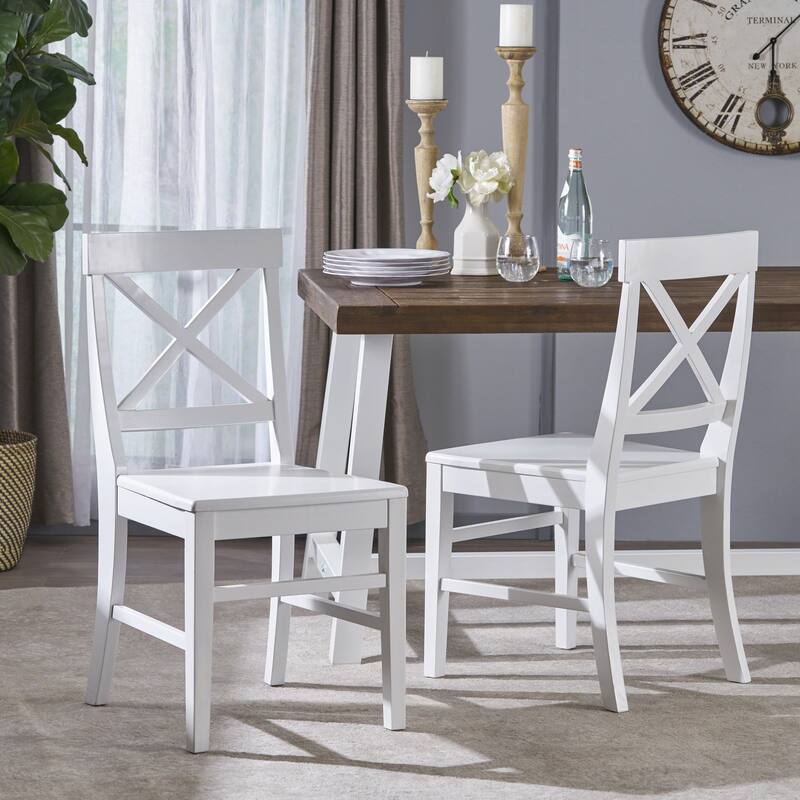 Acacia Wood Dining Chairs, White Cross Back Chairs (Set of 2)