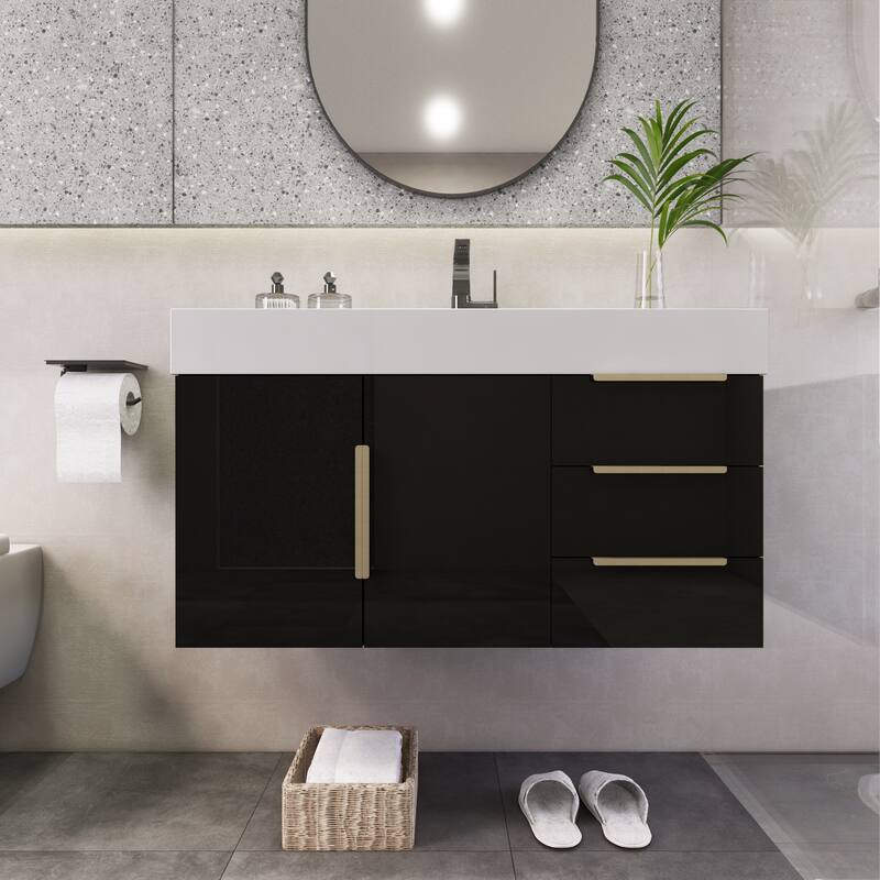 Noble 36" Wall Mounting Vanity (R Drawer) with Reinforced Acrylic Sink - 36" Width - Glossy - High Gloss Black